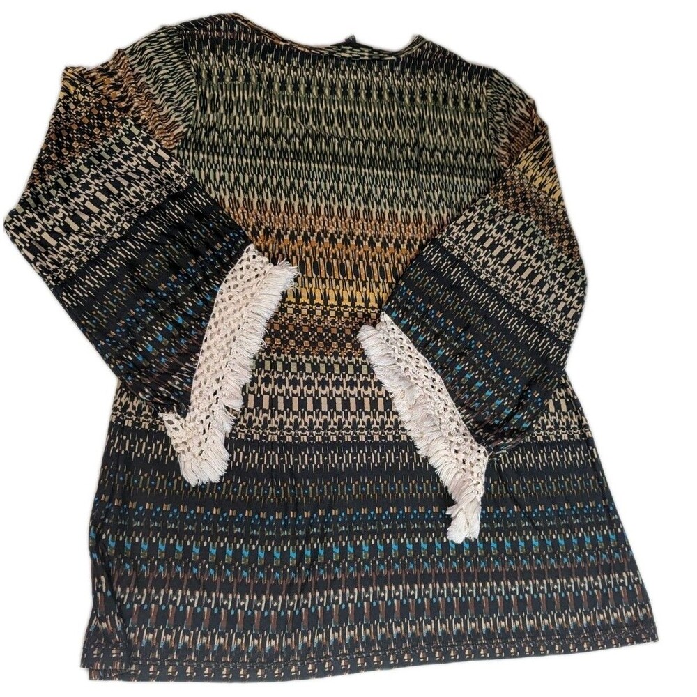 Melissa Paige Boho Geometric Print Top Large Crochet Fringe Bell Sleeve... - Picture 3 of 15